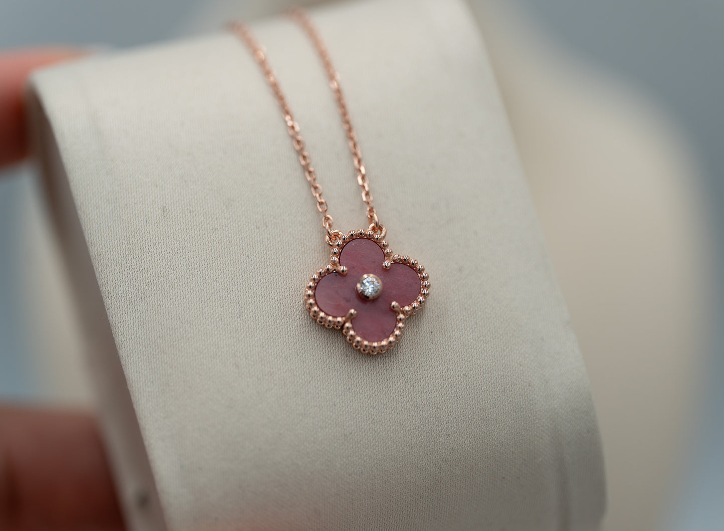 Rhodonite cz clover necklace 15mm clover size 925 silver 18k rose gold plated
