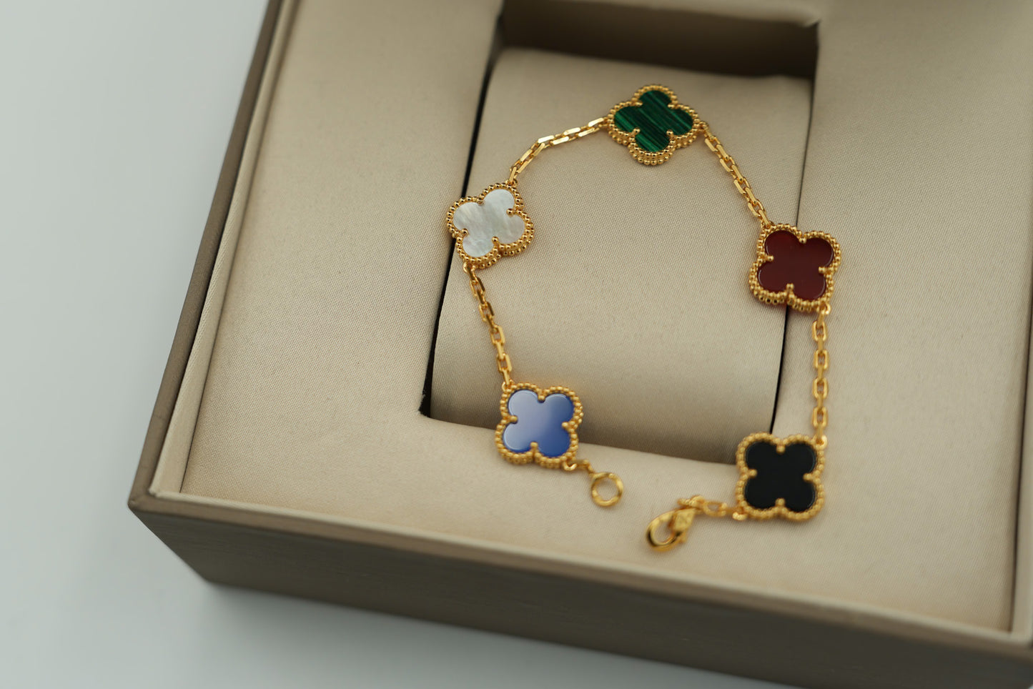 Multi Gemstone clover bracelet 925 silver 18k gold plated