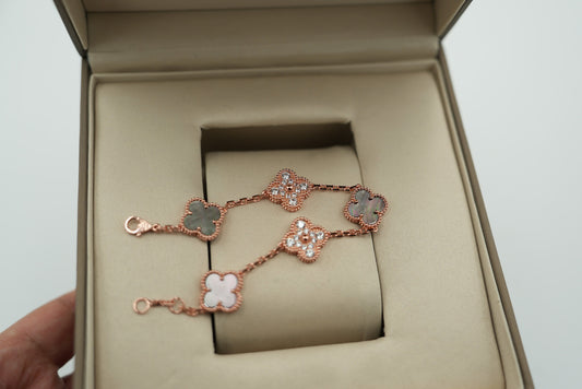 Gray Mother of pearl clover bracelet 925 silver 18k rose gold plated