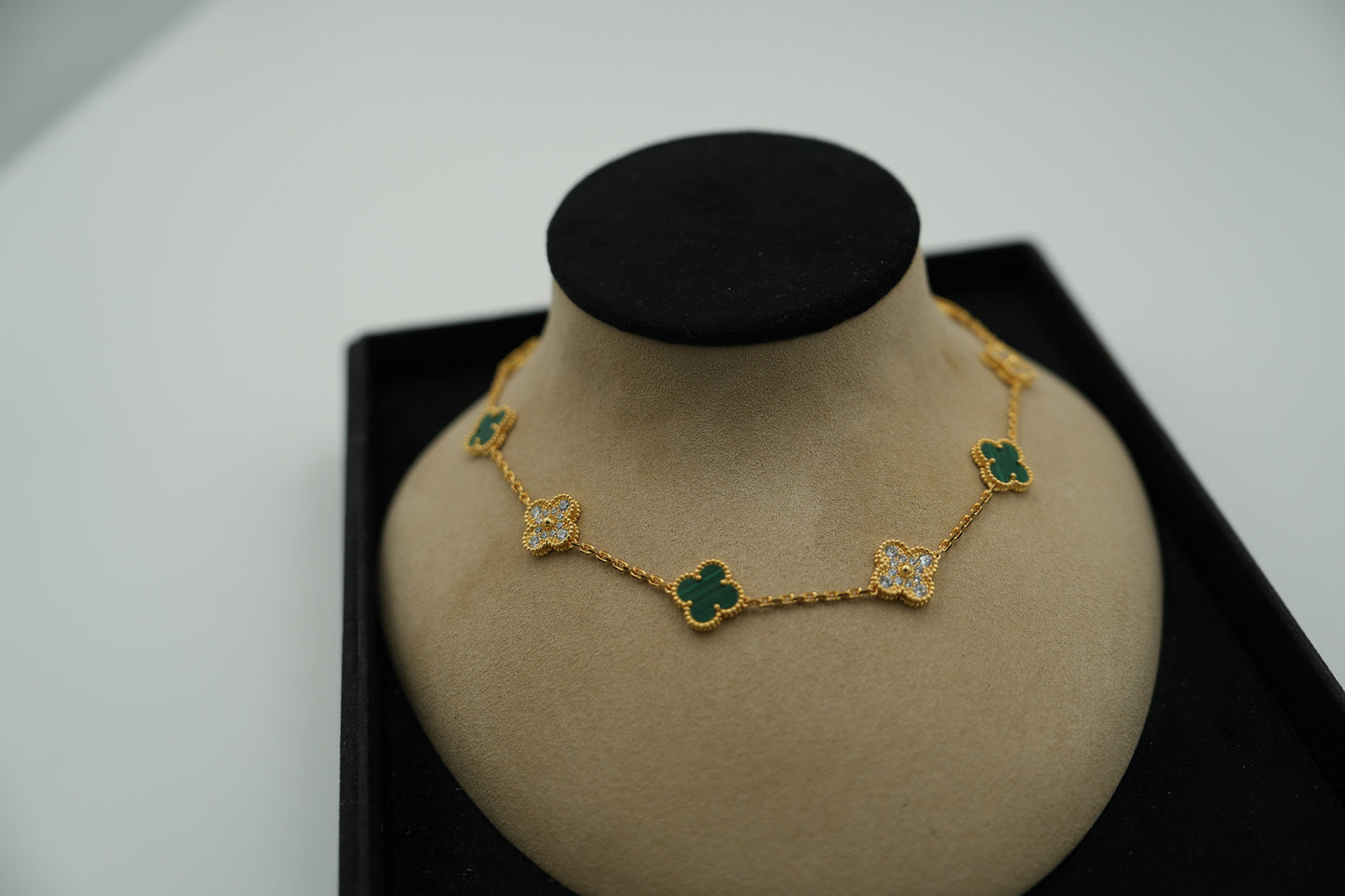 CZ & malachite 10 motif necklace 925 silver 18k  gold plated