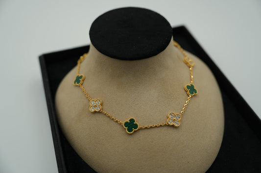 CZ & malachite 10 motif necklace 925 silver 18k  gold plated