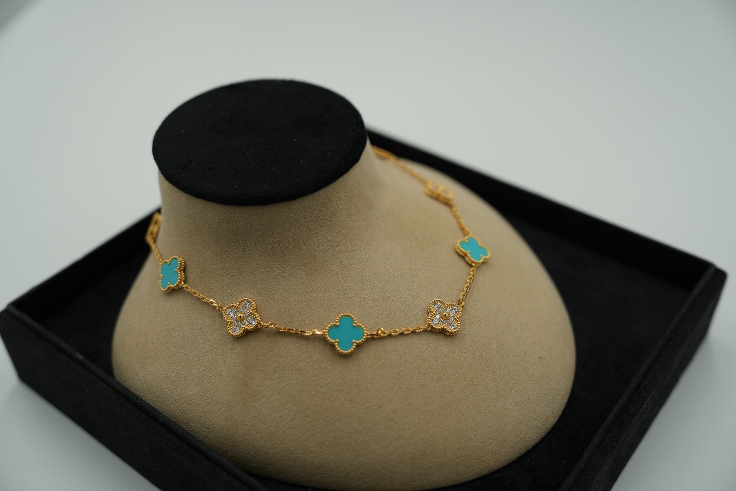 CZ & Turquoise 10 motif necklace 925 silver 18k  gold plated