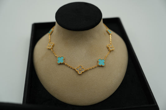 CZ & Turquoise 10 motif necklace 925 silver 18k  gold plated