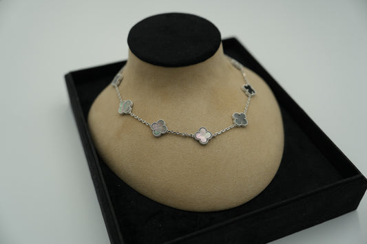 Gray Mother of pearl 10 motif necklace 925 silver 18k white gold plated