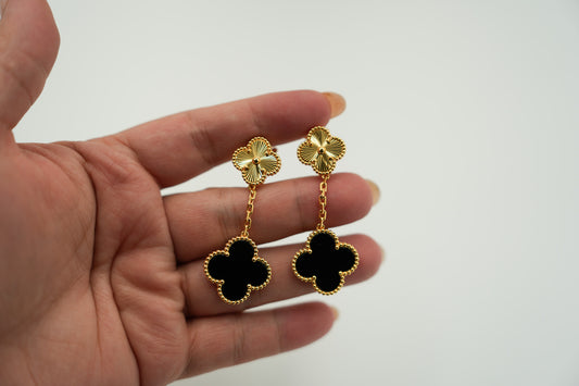 Onyx  & Guillioche 2 mootif clover earrings 925 silver 18k  gold plated