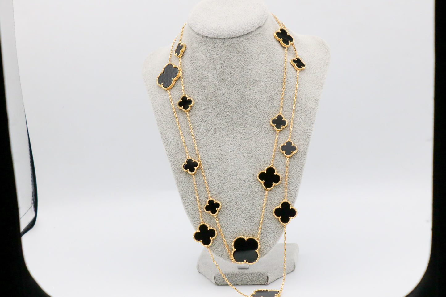 Onyx 16 motif clover necklace 120 cm long 925 silver 18k gold plated