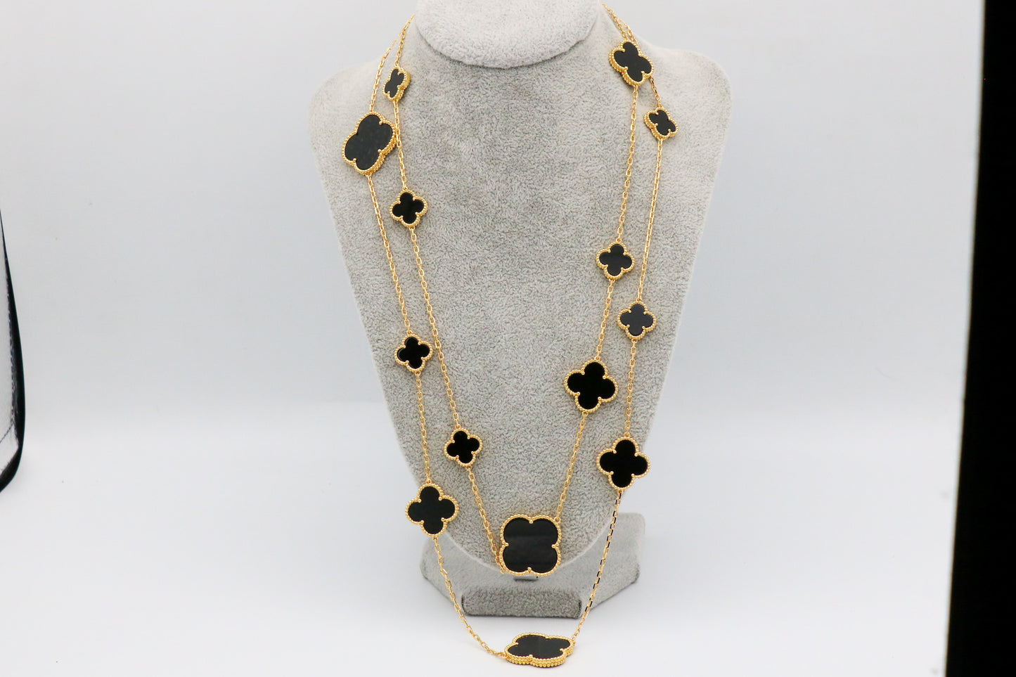 Onyx 16 motif clover necklace 120 cm long 925 silver 18k gold plated