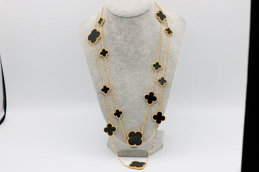 Onyx 16 motif clover necklace 120 cm long 925 silver 18k gold plated