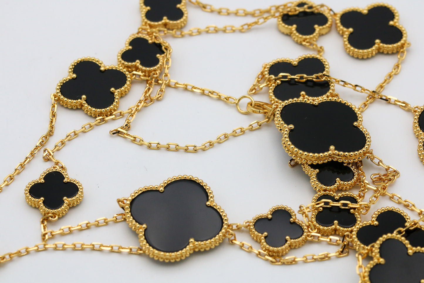 Onyx 16 motif clover necklace 120 cm long 925 silver 18k gold plated