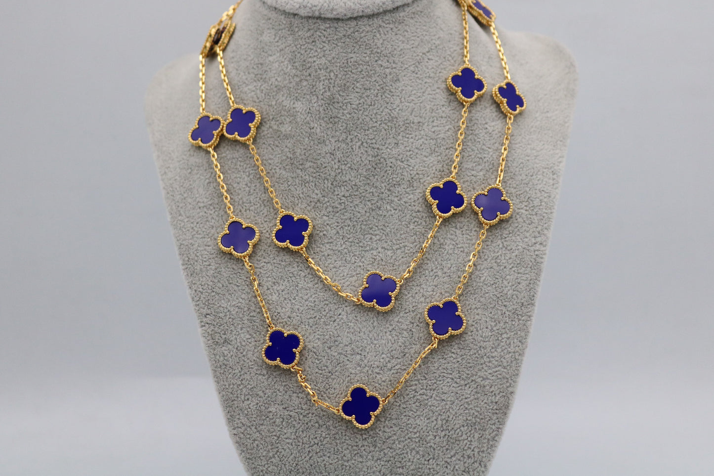 20 motif Lapis Lazuli clover necklace 925 silver 18k gold plated 84 cm long