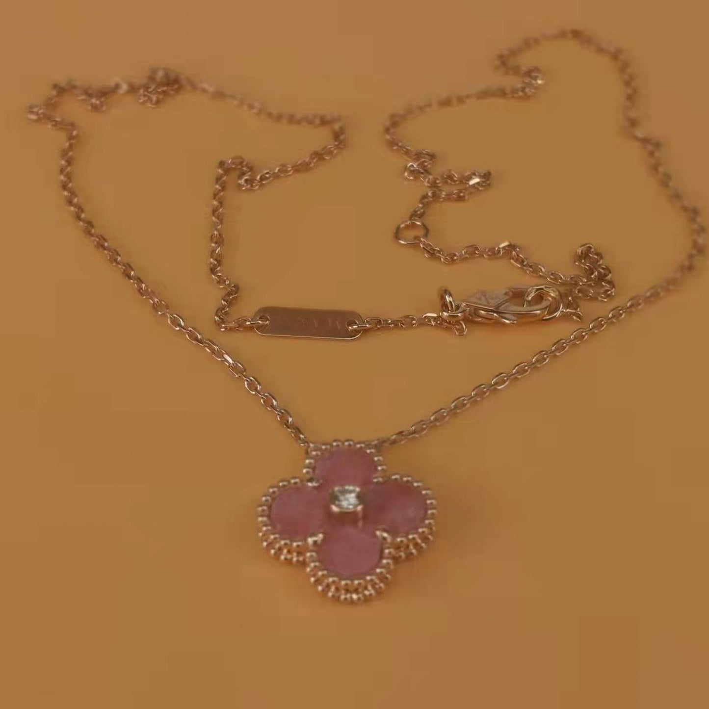 Rhodonite cz clover necklace 15mm clover size 925 silver 18k rose gold plated