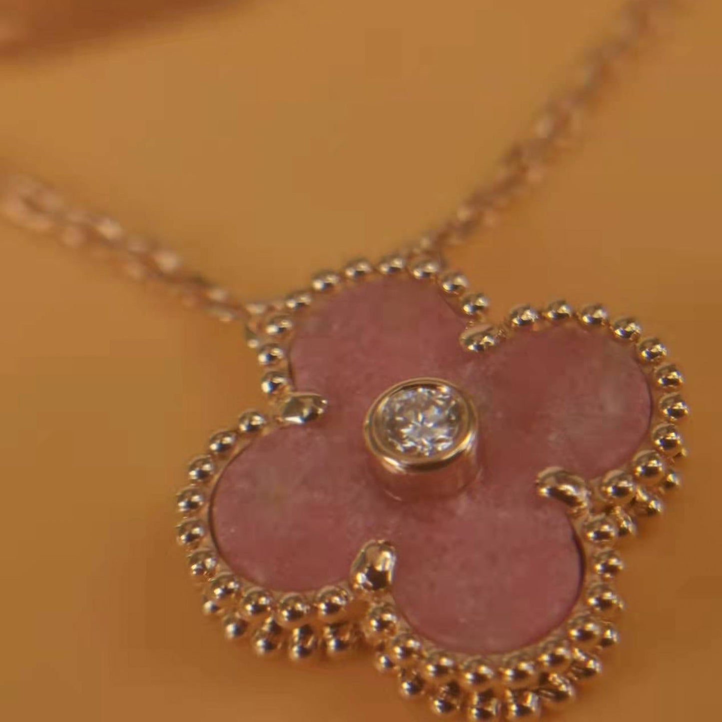 Rhodonite cz clover necklace 15mm clover size 925 silver 18k rose gold plated