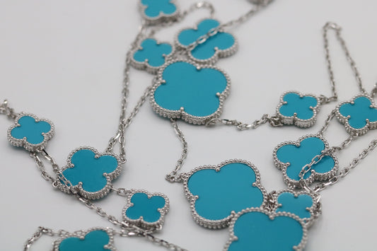 Turquoise 16 motif clover necklace 120 cm long 925 silver 18k white gold plated (Copy) (Copy)