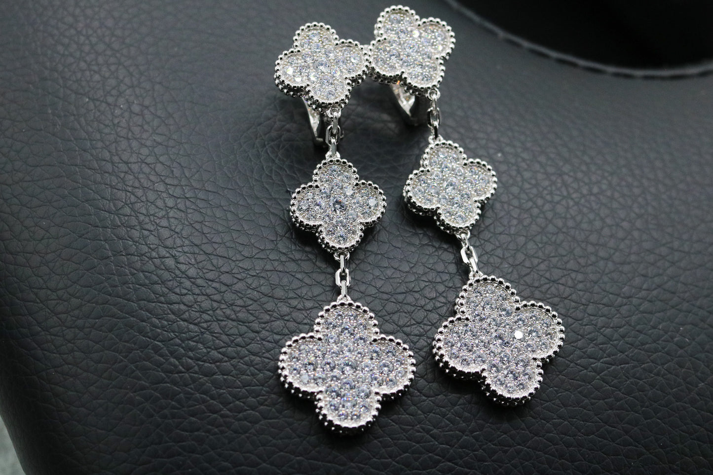 3 motif CZ clover earrings 925 silver 18k white gold plated