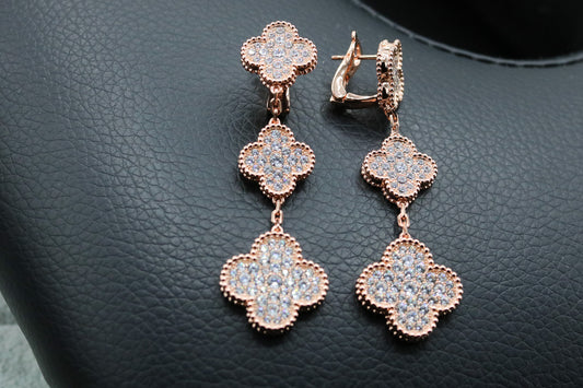 3 motif CZ clover earrings 925 silver 18k rose gold plated