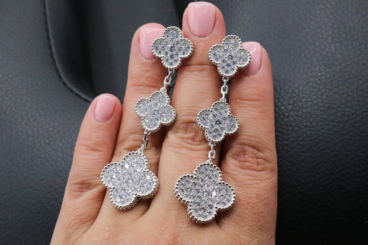 3 motif CZ clover earrings 925 silver 18k white gold plated