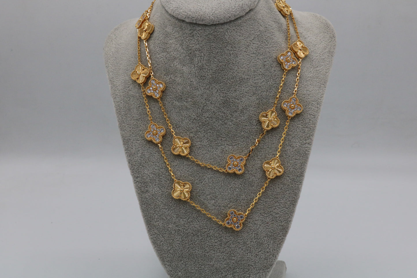 20 motif Guillioche & CZ clover necklace 925 silver 18k gold plated 84 cm long