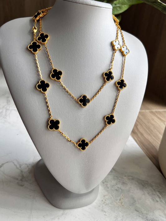 20 motif Onyx clover necklace 925 silver 18k gold plated 84 cm long