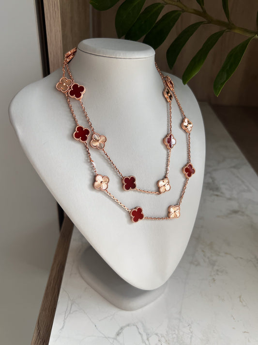 20 motif Carnelian & Guillioche clover necklace 925 silver 18k rose gold plated 84 cm long