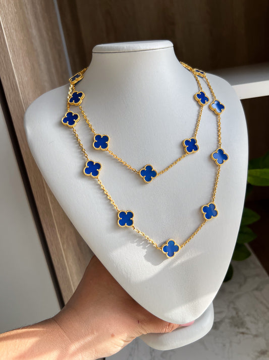 20 motif Blue agate clover necklace 925 silver 18k gold plated 84 cm long