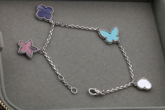 Butterfly & Stars clover bracelet 925 silver 18k white gold plated