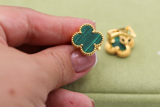 15mm one Malachite  clover  earrings 925 silver 18k gold plated