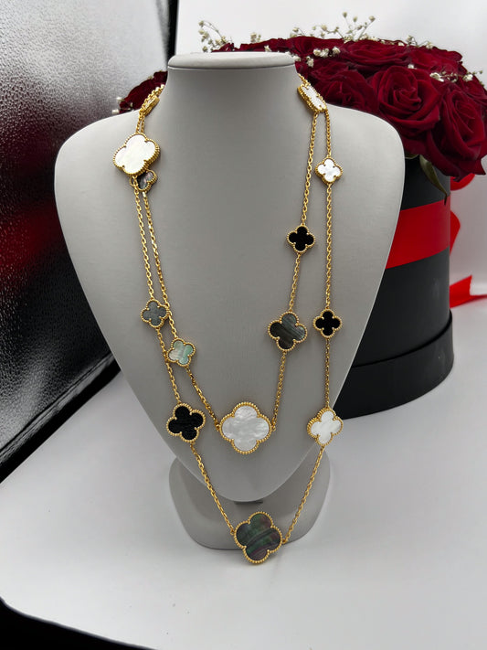 White & Gray Mother of peal 16 motif clover necklace 120 cm long 925 silver 18k gold plated