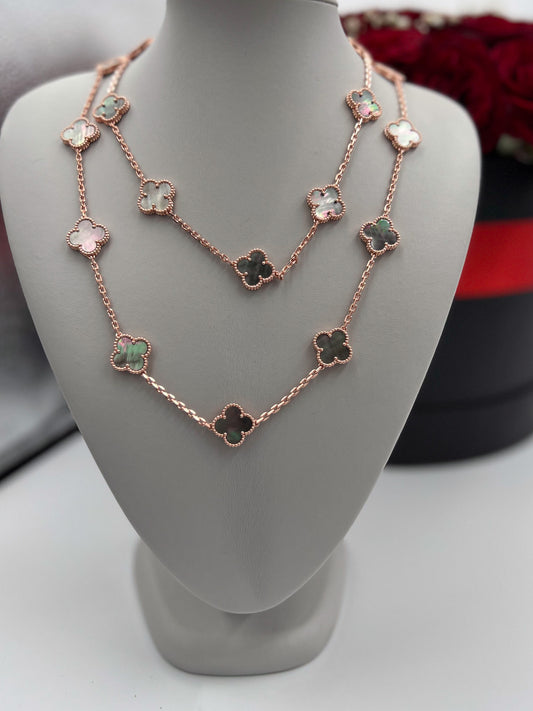 20 motif Gray Mother of pearl clover necklace 925 silver 18k rose gold plated 84 cm long