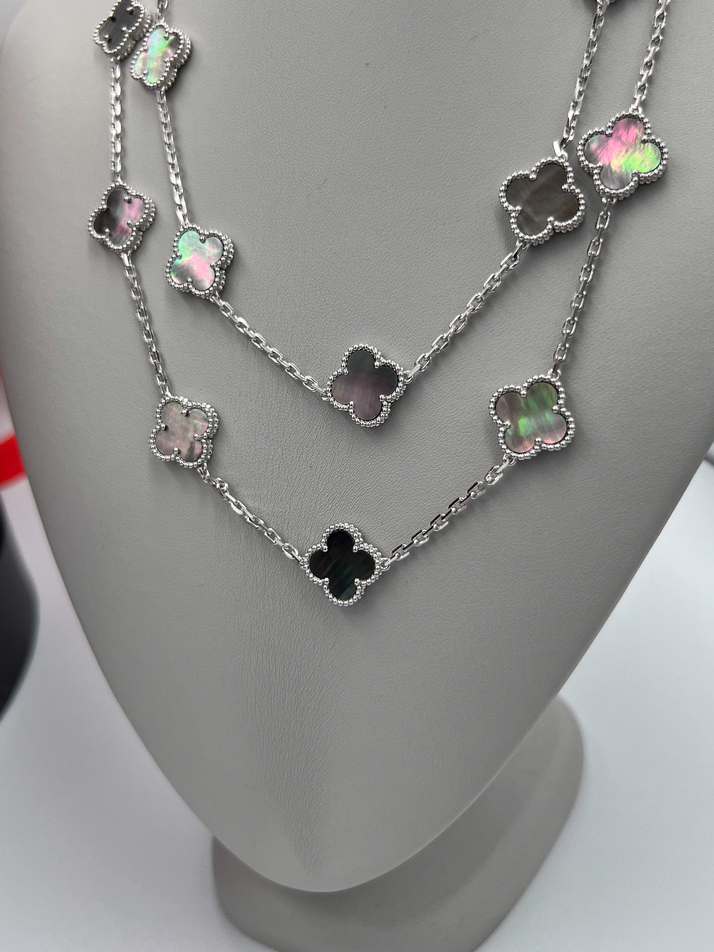 20 motif gray Mother of pearl  clover necklace 925 silver 18k white gold plated 84 cm long