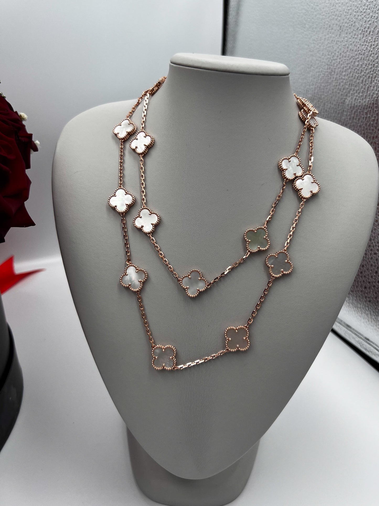 20 motif Mother of pearl clover necklace 925 silver 18k rose gold plated 84 cm long