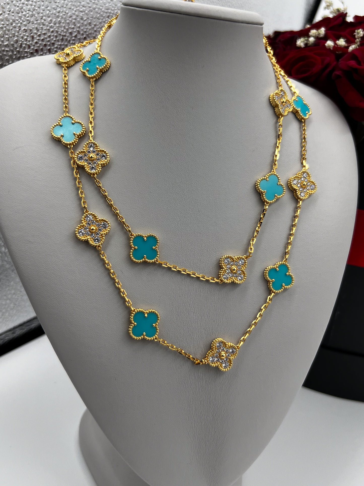 CZ & Turquoise 20 motif clover necklace 15mm clover size 925 silver 18k  gold plated