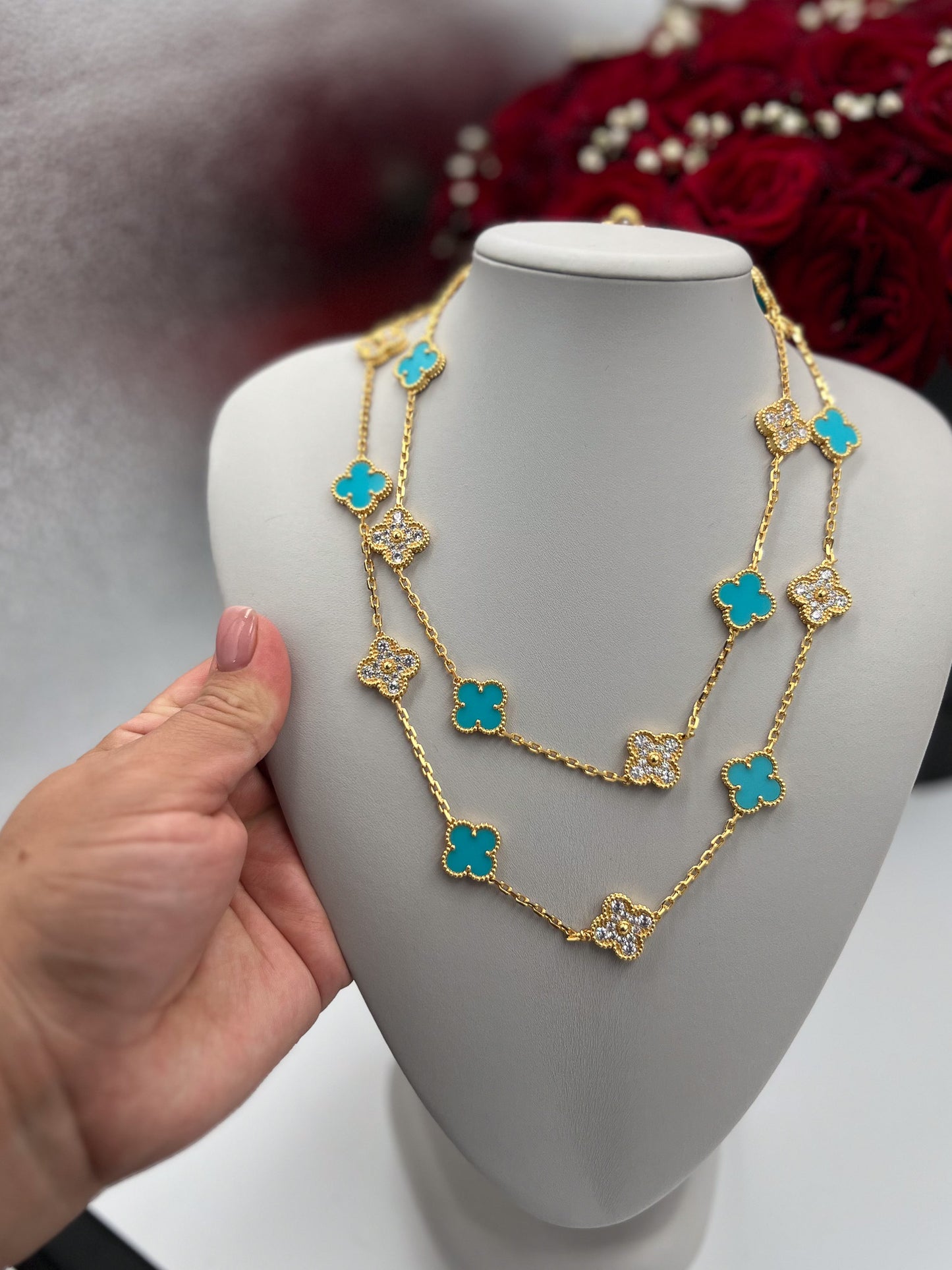 CZ & Turquoise 20 motif clover necklace 15mm clover size 925 silver 18k  gold plated