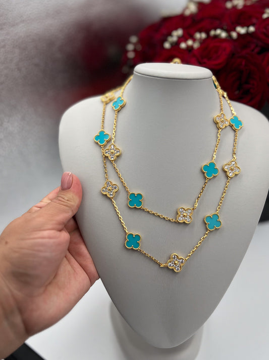 CZ & Turquoise 20 motif clover necklace 15mm clover size 925 silver 18k  gold plated