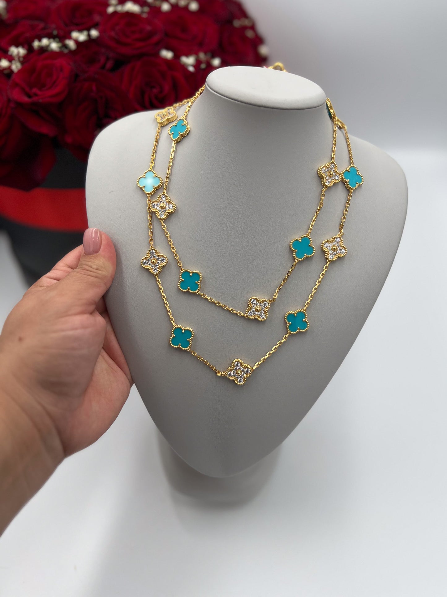 CZ & Turquoise 20 motif clover necklace 15mm clover size 925 silver 18k  gold plated
