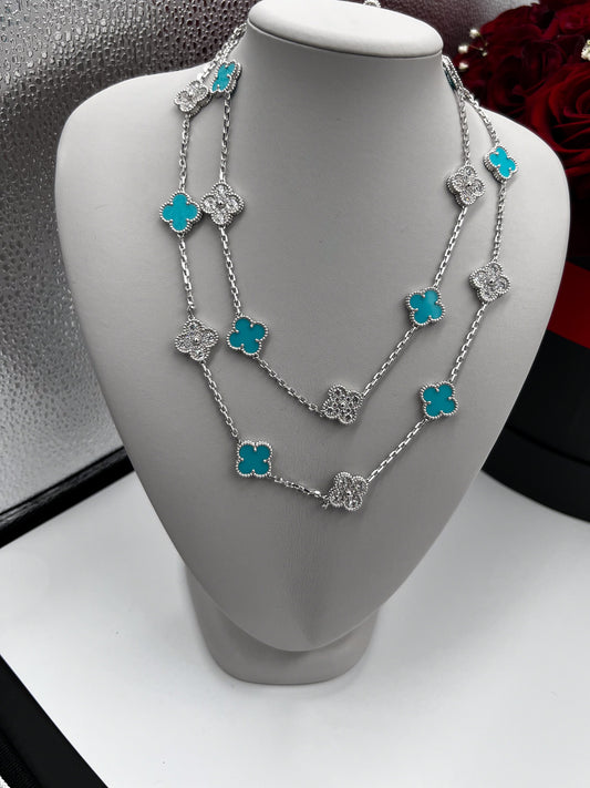 20 motif Turquoise and CZ clover necklace 925 silver 18k white gold plated