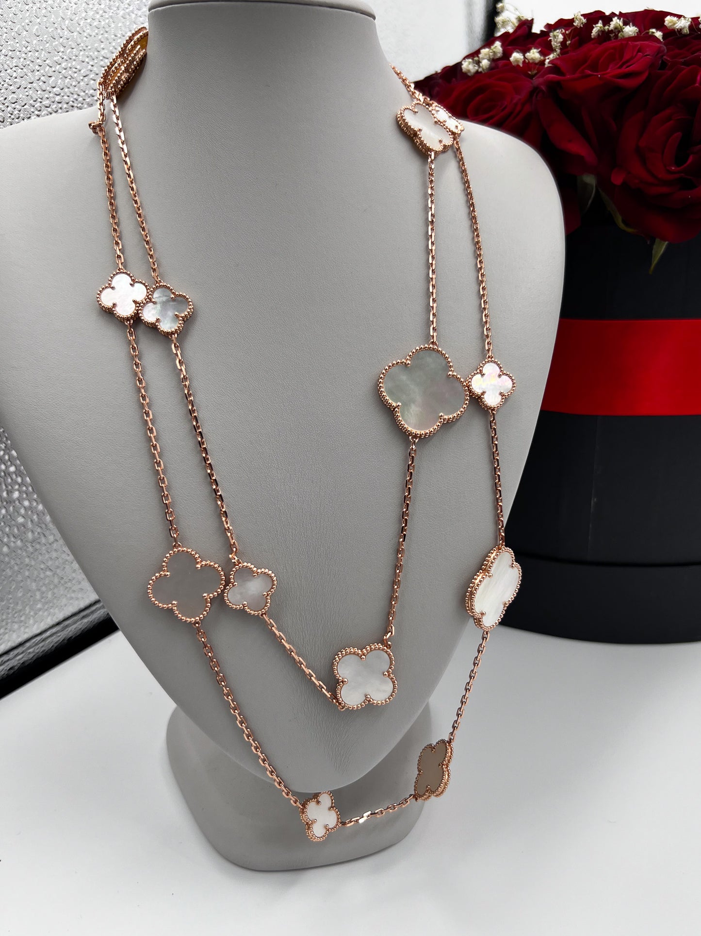 Mother of pearl 16 motif necklace 925 silver 18k rose gold plated