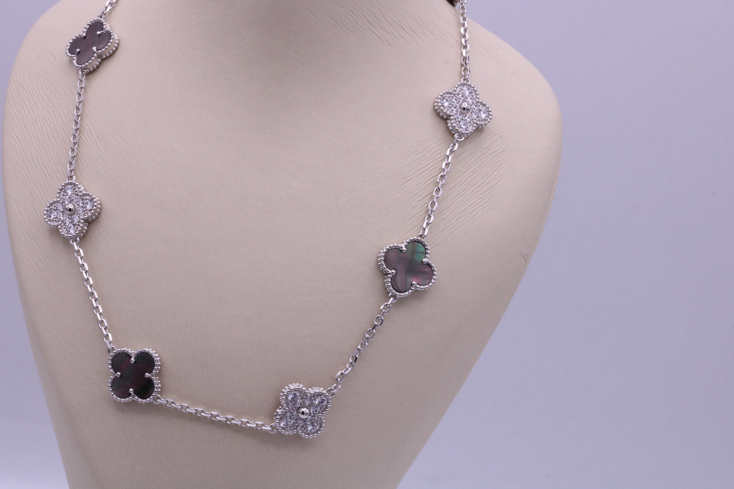 CZ & onyx 10 motif necklace 925 silver 18k white gold plated