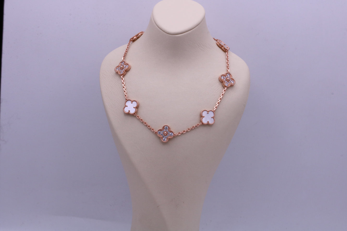 CZ & Mother of pearl 10 motif necklace 925 silver 18k rose gold plated