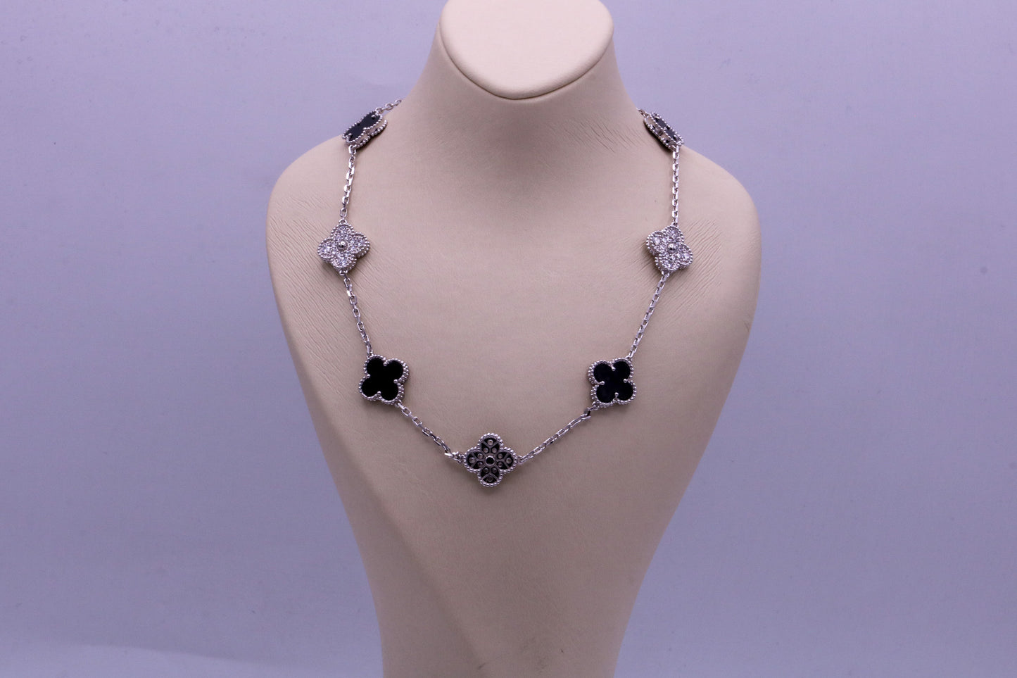 CZ & onyx 10 motif necklace 925 silver 18k white gold plated