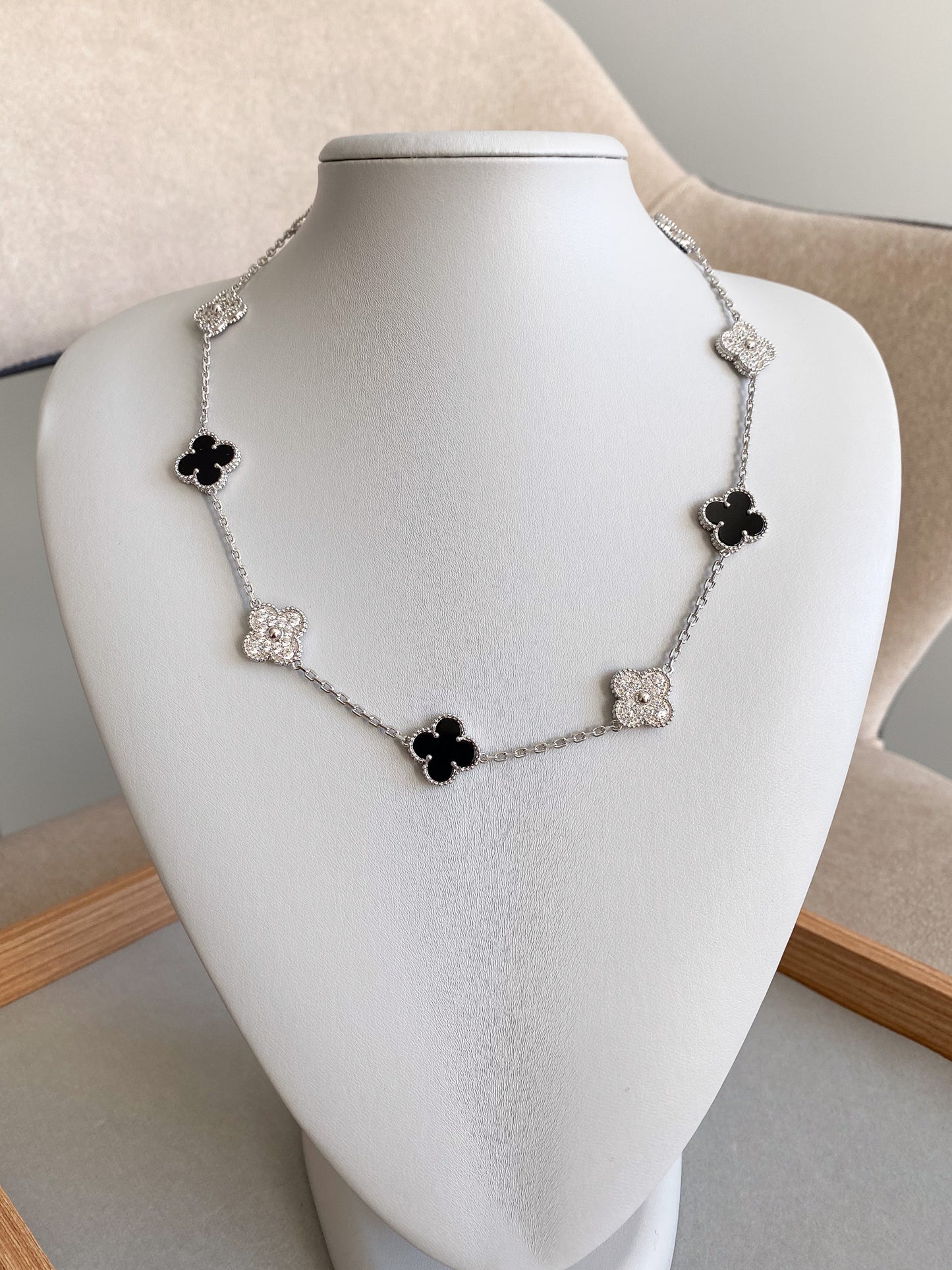 CZ & onyx 10 motif necklace 925 silver 18k white gold plated