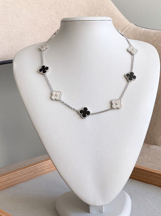 CZ & onyx 10 motif necklace 925 silver 18k white gold plated