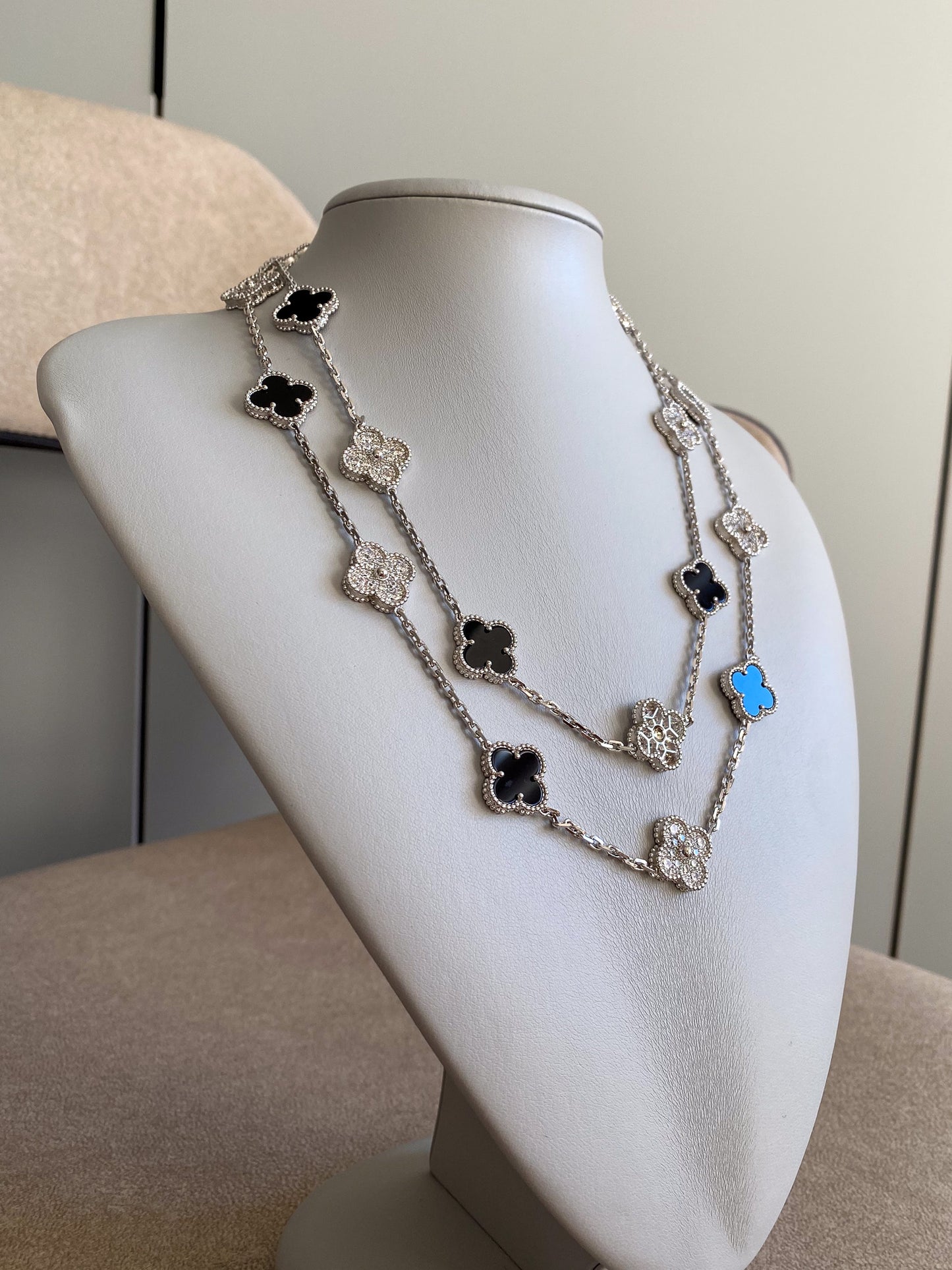 20 motif CZ & Onyx clover necklace 925 silver 18k white gold plated 84 cm long