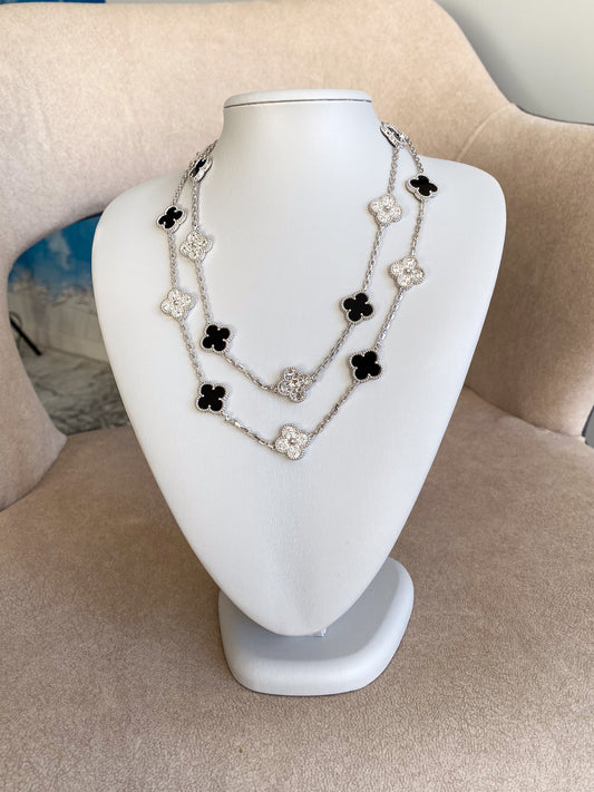 20 motif CZ & Onyx clover necklace 925 silver 18k white gold plated 84 cm long