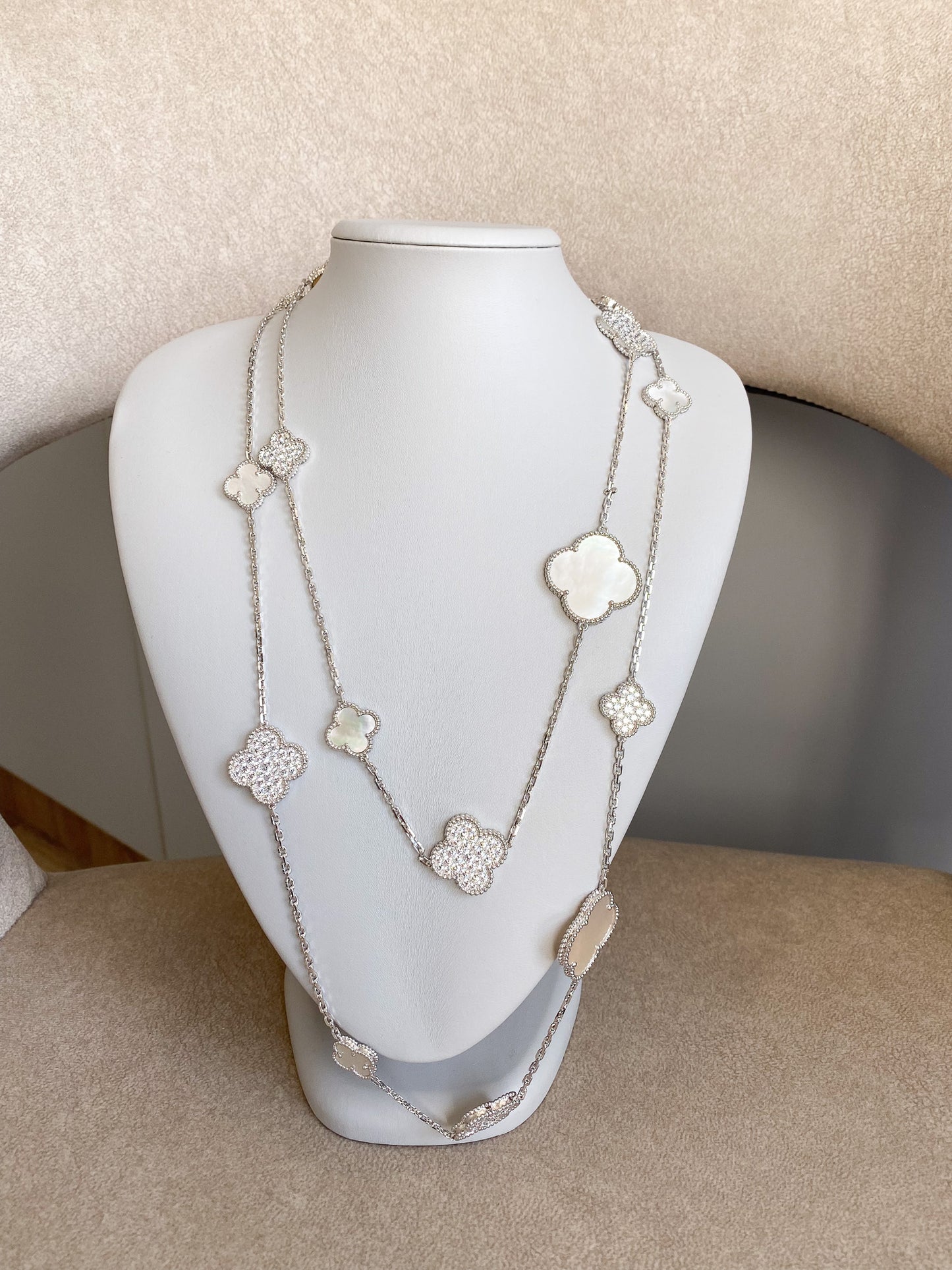 CZ & Mother of pearl  16 motif clover necklace 120 cm long 925 silver 18k white gold plated