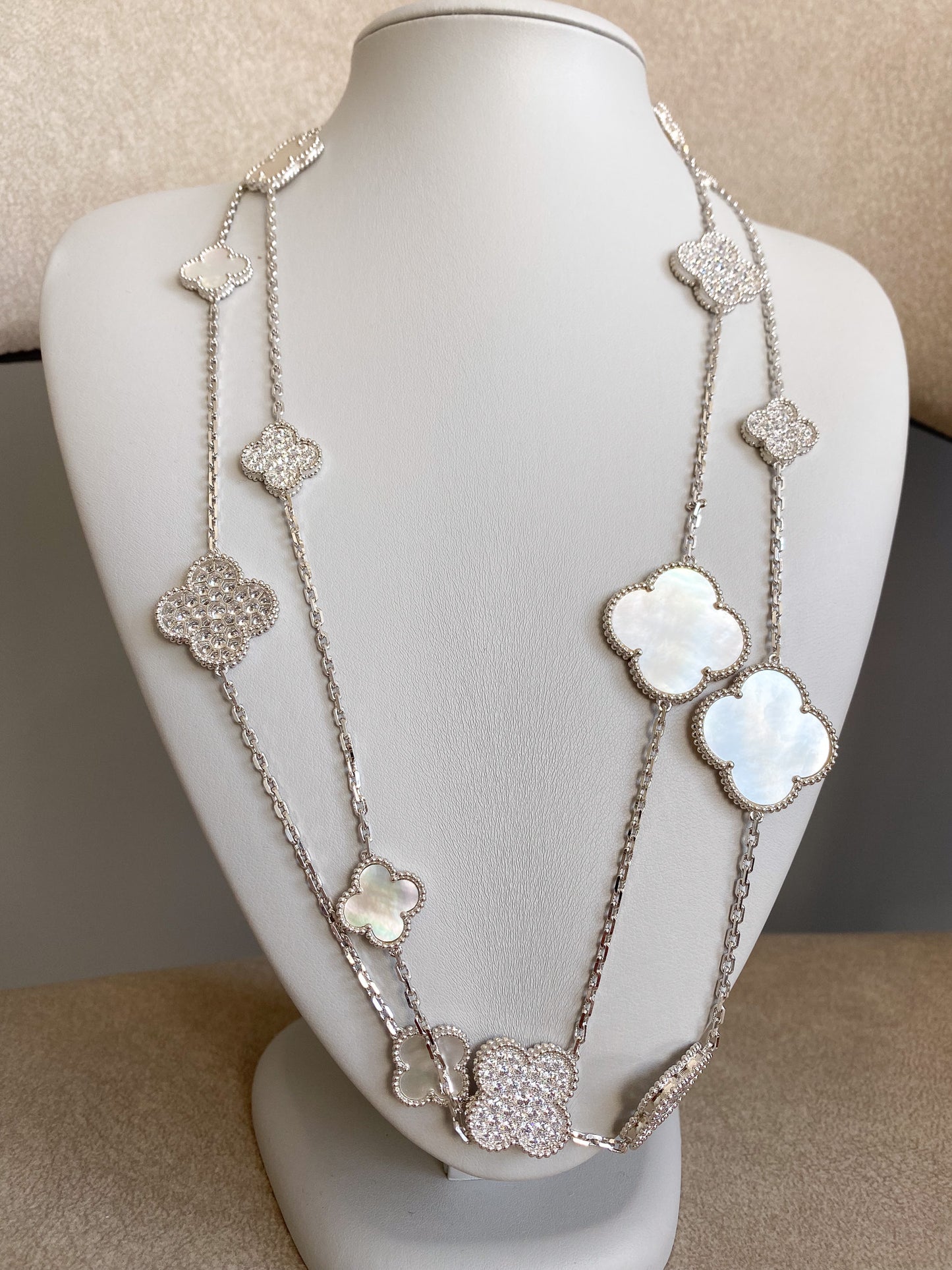 CZ & Mother of pearl  16 motif clover necklace 120 cm long 925 silver 18k white gold plated