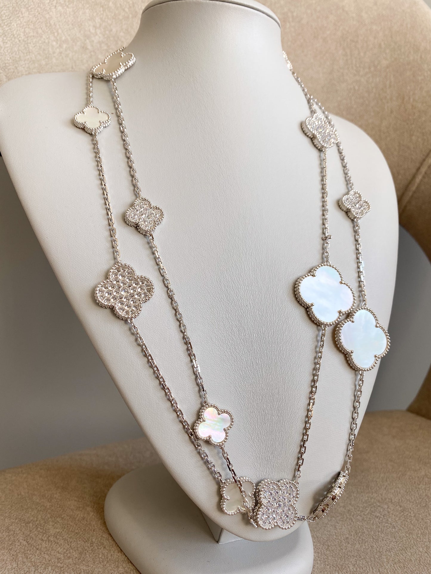 CZ & Mother of pearl  16 motif clover necklace 120 cm long 925 silver 18k white gold plated