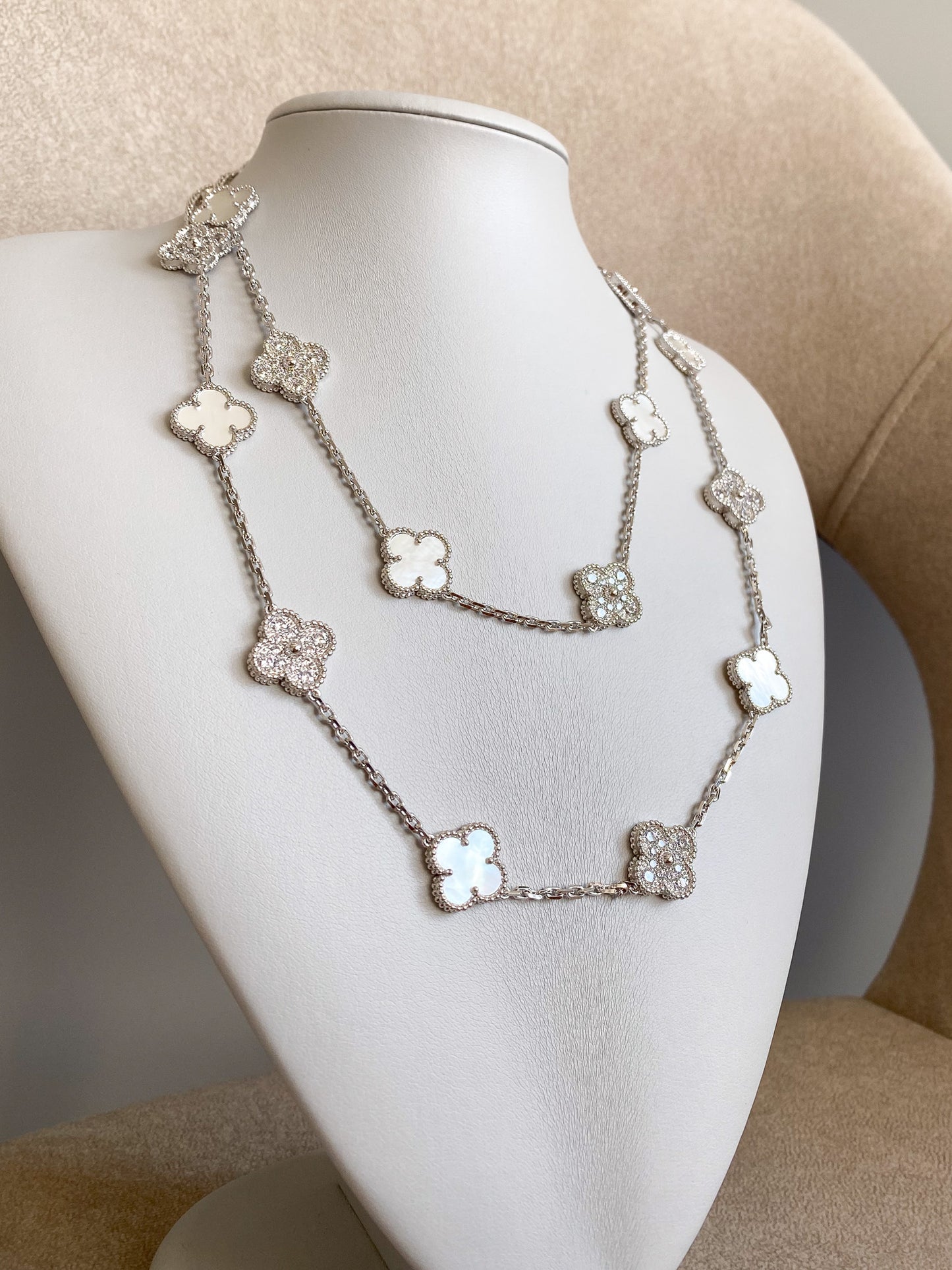 20 motif Mother of pearl & CZ clover necklace 925 silver 18k white gold plated 84 cm long