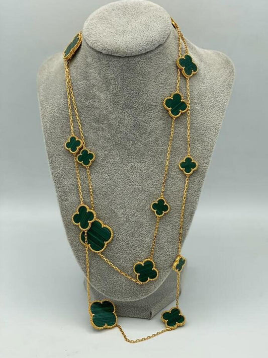 Malachite 16 motif clover necklace 120 cm long 925 silver 18k gold plated