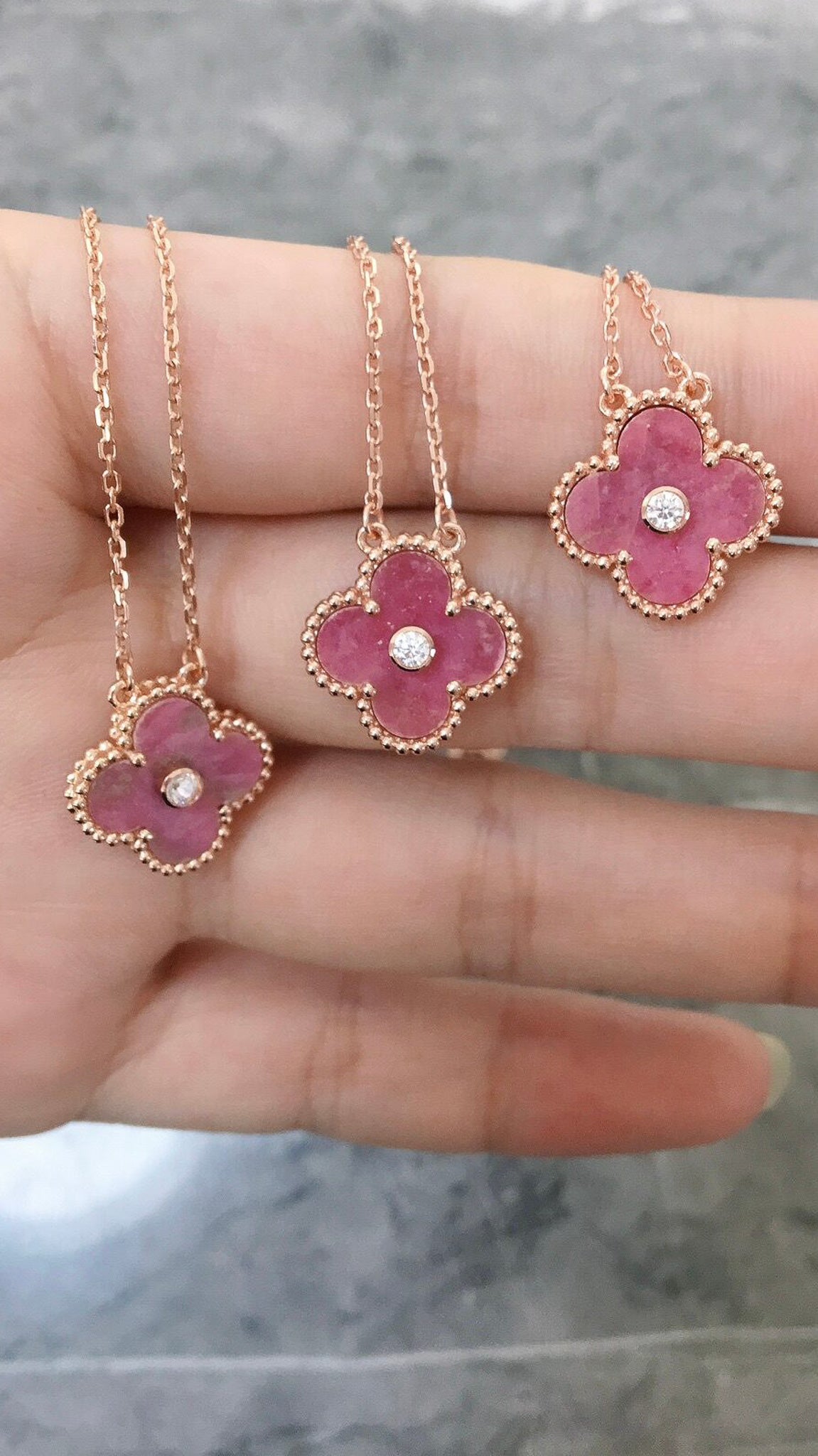 Rhodonite cz clover necklace 15mm clover size 925 silver 18k rose gold plated