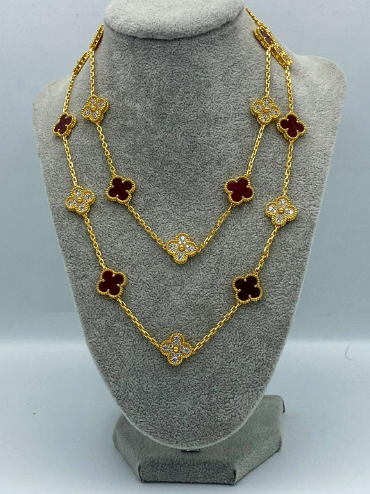 20 motif CZ & Carnelian clover necklace 925 silver 18k gold plated 84 cm long